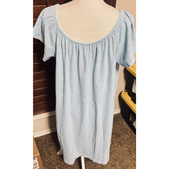 Vintage 70s Terry Cloth Robe Caftan House Dress Swan Pocket Lounge XL Blue USA - Picture 4 of 6